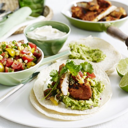 Chicken Tacos with Tomato Salsa and Guacamole