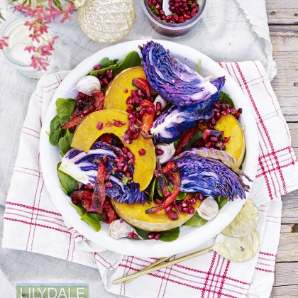 Roasted Red Cabbage and Pumpkin Wedges with Gremolata and Pomegranate Dressing