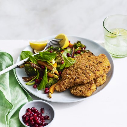 Chicken Schnitzel with Roast Broccoli and Pomegranate Salad