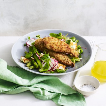 Chicken Breast Strips with Asparagus and Haloumi Salad