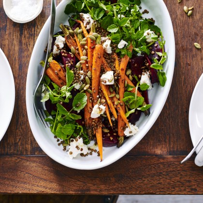 Roast Carrot and Beetroot Salad with Crisp Lentils