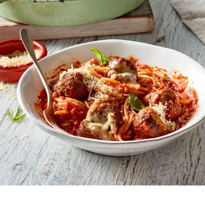 Mozzarella-Stuffed Meatballs and Spaghetti