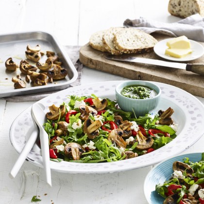 Warm Roasted Mushroom and Almond Pesto Salad