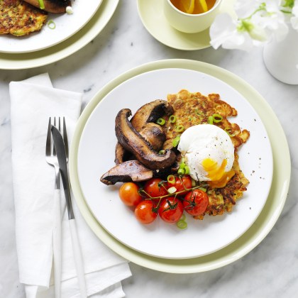 Zucchini Fritters with Portabella Mushrooms and Poached Egg
