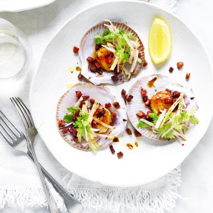 Scallops With Chorizo and Apple Slaw