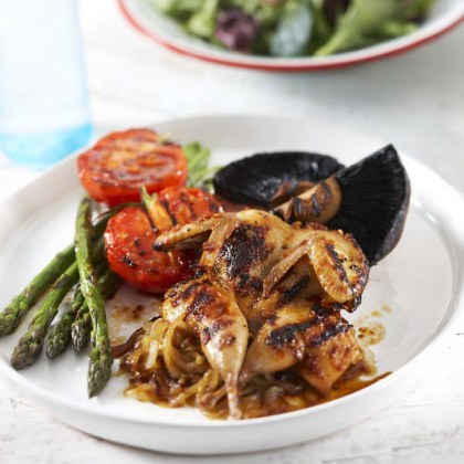 Garlic Marsala Marinated Quail Grilled Asparagus, Tomato, Field Mushroom With Caramelized Onions