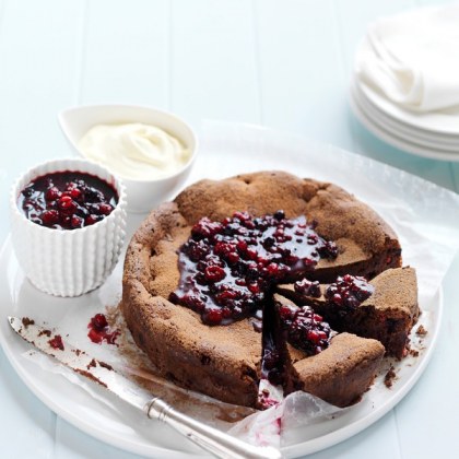 Mixed Berry and Chocolate Dessert Cake with Berry Compote