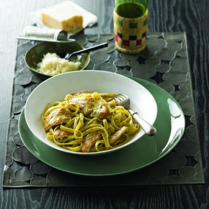 Cornfed Chicken Fettucini with Creamy Pesto Sauce