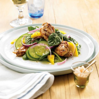 Barbecued Portuguese Quail with Baby Spinach and Mango Salad