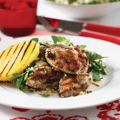 Barbecued Quail with Monkey Nut Chutney Mango Fresh Herb and Couscous Salad