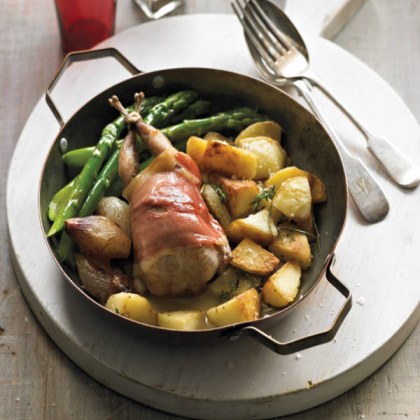 Quail Wrapped In Proscuitto with Caramelised Golden Shallots and Thyme Jus