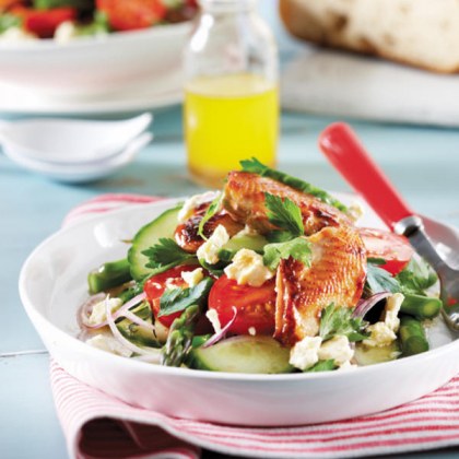 Orange Caramelised Breast of Quail with Salad of Cherry Tomatoes Cucumber Fetta Spanish Onion and Parsley