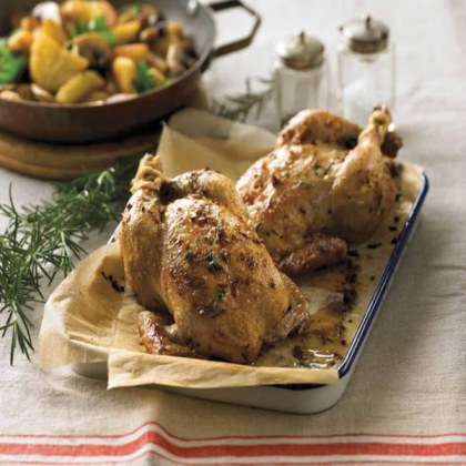 Whole Roasted Spatchcock with Rosemary and Thyme Pomme Salardaise