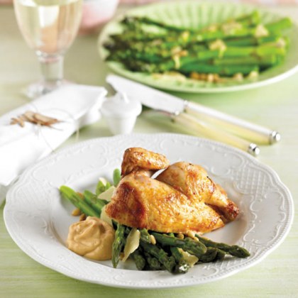 Roasted Spatchcock with Sauce Marie Rose and A Salad of Asparagus Pine Nuts and Parmesan