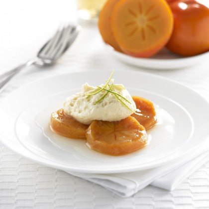 Lime poached persimmons with white chocolate mousse