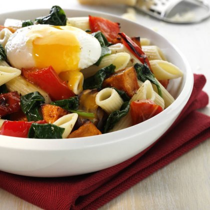 Pasta with Roasted Vegetables & Poached Egg