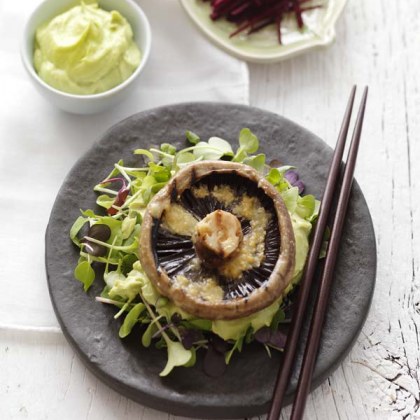 Barbecued Flat Mushrooms with Miso and Wasabi-Avocado Mayonnaise