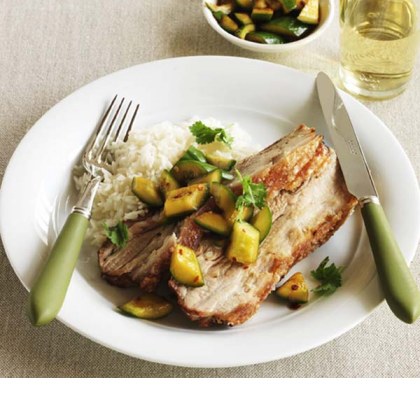 Miso roasted pork belly with pickled cucumber