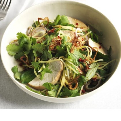 Soy-poached chicken and green mango salad