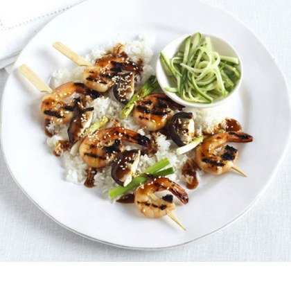 Sticky sesame-ginger-soy prawn skewers