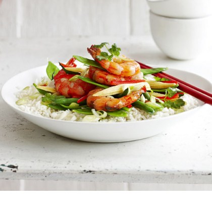 Stir Fried Ginger Prawns with Asparagus and Snow Peas
