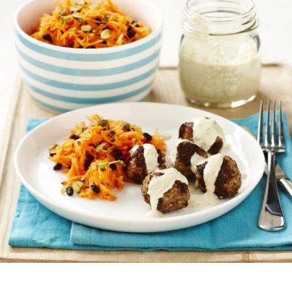 Middle Eastern Lamb Meatballs with Chickpea Yoghurt and Carrot Salad