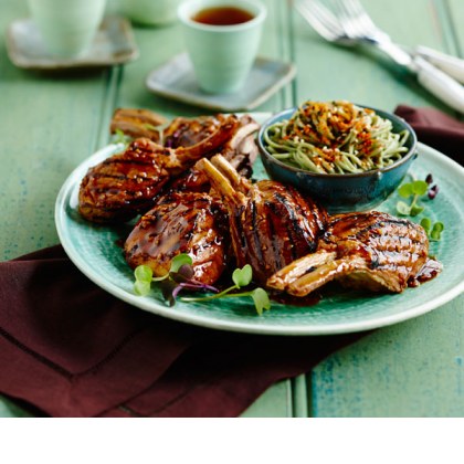 Soy and Garlic Marinated Lamb with Green Tea Noodles