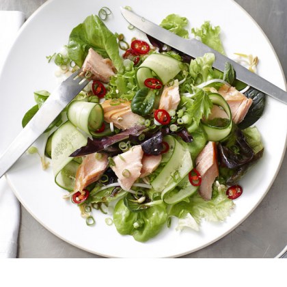 Hot Smoked Salmon Mixed Leaf Salad with Sweet Soy Dressing