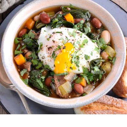 Beef, Mixed Bean and Spinach Soup with Poached Egg