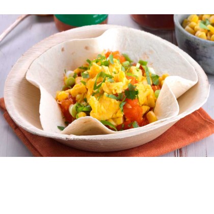 Scrambled Egg, Spicy Stewed Tomatoes, Sweet Corn and Spring Onion Tortilla