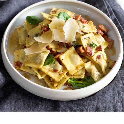 Beef Ravioli with Thyme Burnt Butter and Bacon