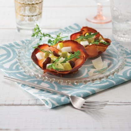 Crispy Pancetta Cups with Fresh Pear, Rocket and Raisin Salad