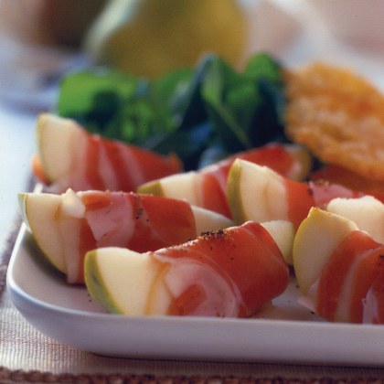 Pears Wrapped with Prosciutto, served with Parmesan Wafers
