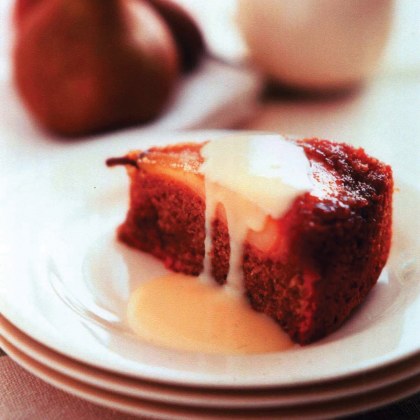 Upside Down Pear Pudding with Vanilla Custard
