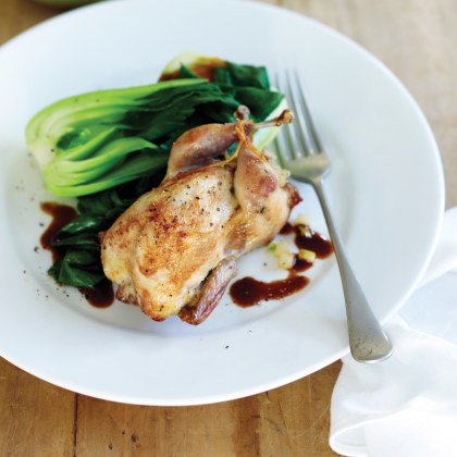 Whole Roasted Quail stuffed with Packham's Triumph Pears, Coriander, Ginger and Cashew Nuts