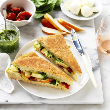 Pesto, Semi Dried Tomato, Pear and Bocconcini Toasties