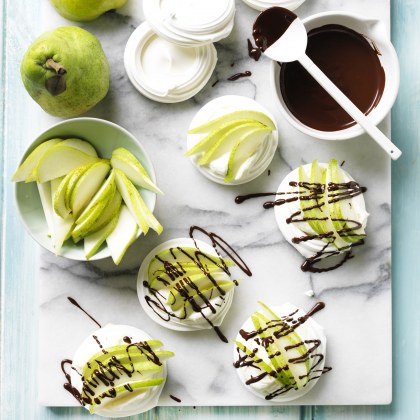 Pear Pavlova Nests with Chocolate