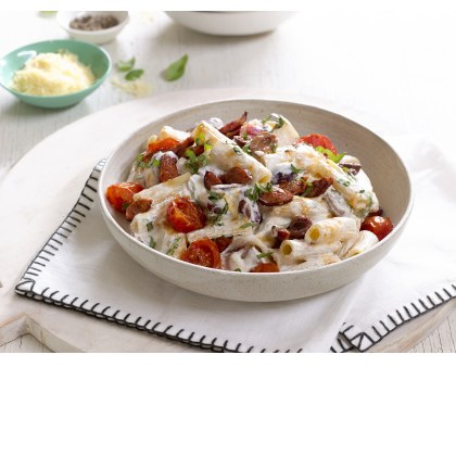 Creamy Chorizo, Olive, Basil and Tomato Rigatoni