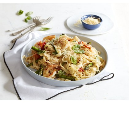 Chargrilled Asparagus and Tomato Fettuccine with King Prawns and Lemon Herb Butter