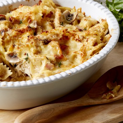 Lemon, Chicken, Bacon and Mushroom Farfalle Bake