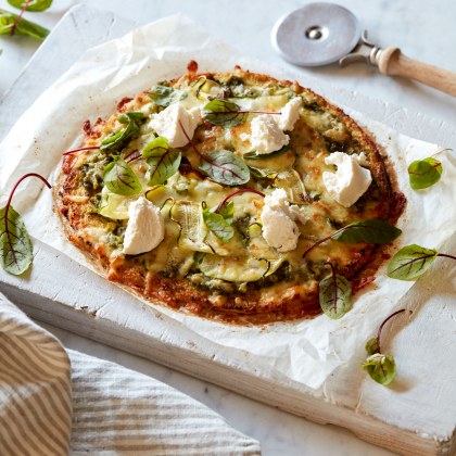 Cauliflower Pizza with Pesto, Summer Veggies and Ricotta