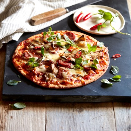 Chorizo, Chargrilled Eggplant and Basil Pizza