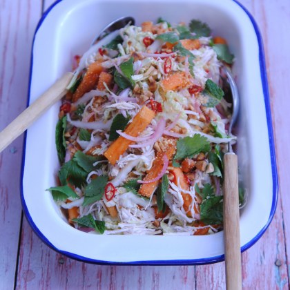 Poached Chicken Salad with Sweet Persimmon and Somtan Dressing