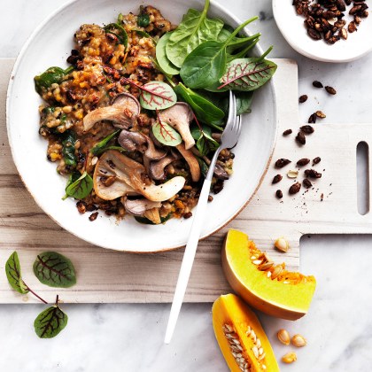 Pumpkin Risotto with Mushrooms and Toasted Seed Sprinkle