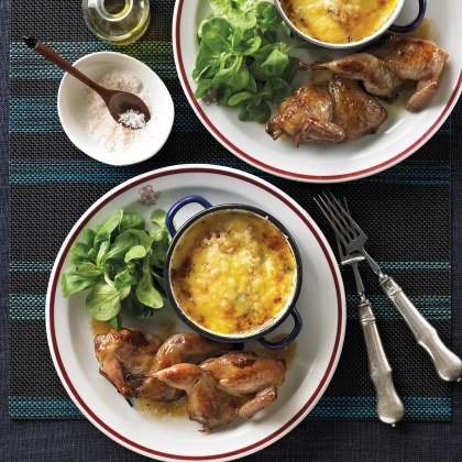 Caramelised Quail with Gratin of Potato Pear & Blue Cheese