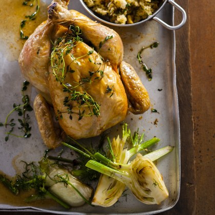 Roast Chicken with Pear Lemon And Fennel Seed Stuffing