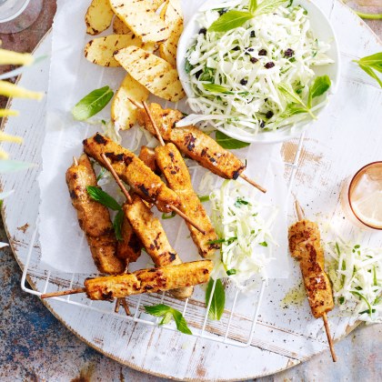 Satay and Coconut Chicken Breast Skewers with Green Apple Coleslaw and BBQ Kipfler Potatoes