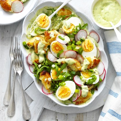 Smashed Potato & Egg Salad with Green Goddess Mayonnaise