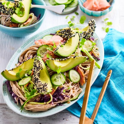 Sesame avocado and soba noodle salad