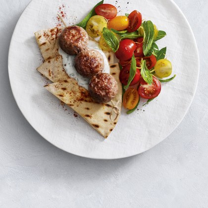 Turkey Kebabs with flatbread and mixed tomato and mint salad with fresh lemon